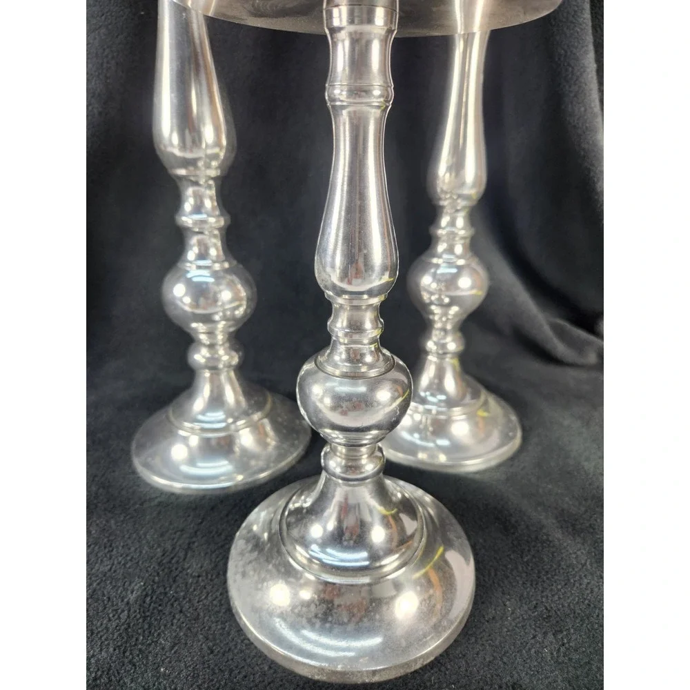 Three Tiered Pilar Candle Holders Set Silver Metal